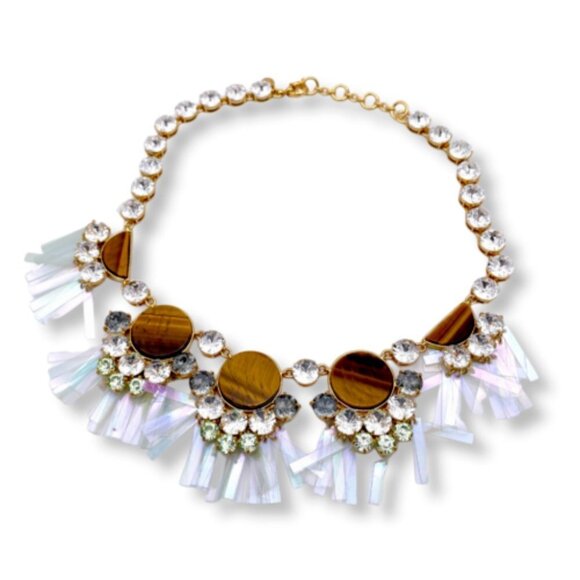 J. Crew Women's Necklace Tigers Eye Circles Faceted Fringe Rhinestone Gold toned